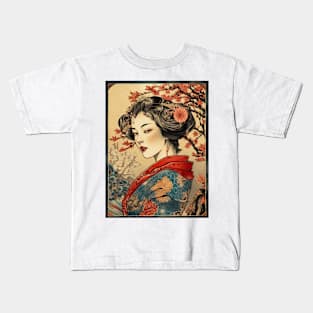 Vintage Rose Blossoms Japanese Woodblock Maple Streetwear Hipster Asian Inspired Retro Manga Samurai Bergenia Kids T-Shirt